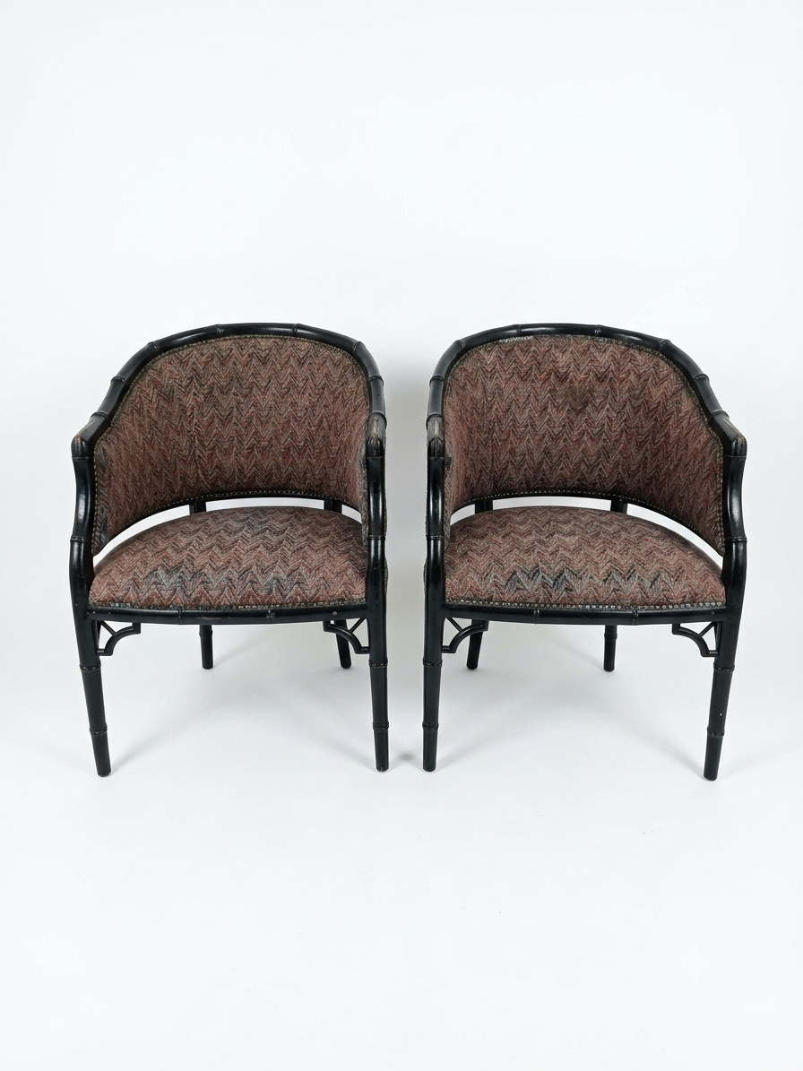 Butacas Chippendale Estilo Bambú Faux, Madera Lacada Negra y Tapizado Multicolor 1 Butacas Chippendale Estilo Bambú Faux