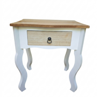 Bicolor White and Natural Wood Side Table with Cabriole Legs