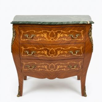 Inicio 8 Cómoda Francesa de Estilo Luis XV con Marquetería Floral y Tapa de Mármol Verde