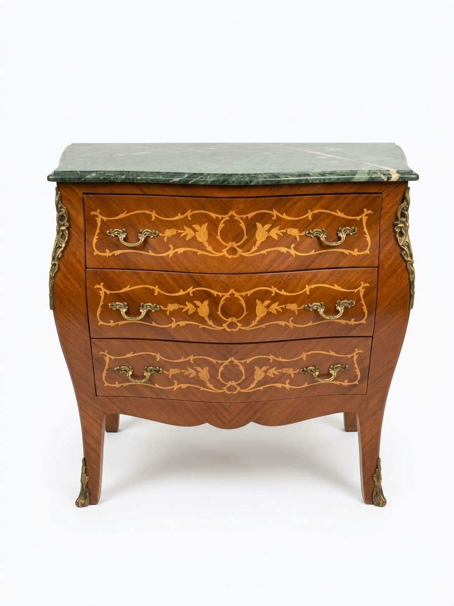 Cómoda Francesa de Estilo Luis XV con Marquetería Floral y Tapa de Mármol Verde 1 Cómoda Francesa de Estilo Luis XV con Marquetería Floral y Tapa de Mármol Verde
