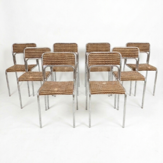 Vintage 70s Bauhaus style dining chairs in metallic gray steel tube with fabric upholstery