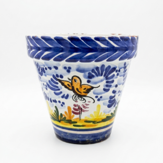 Maceta de cerámica pintada a mano de diseño azul y blanco con pájaro