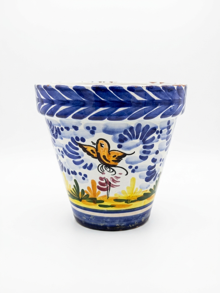 Blue and White Design Hand Painted Ceramic Flower Pot with Bird 1 Maceta de cerámica pintada a mano de diseño azul y blanco con pájaro