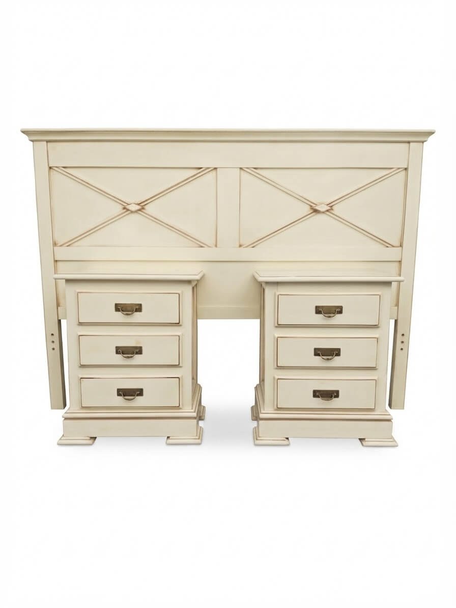 Mesitas de noche y cabecero de madera color beige 1 Mesitas de noche y cabecero de madera color beige