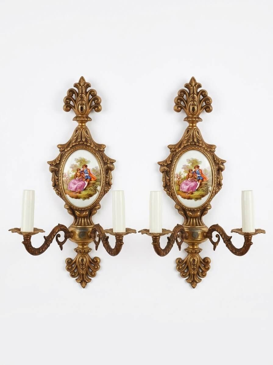 Apliques rococó dorados con porcelana 1 Apliques rococó dorados con porcelana