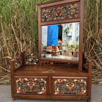 Banco tailandés de madera con arcón y espejo con tallas florales pintadas a mano 7 Banco tailandes 1
