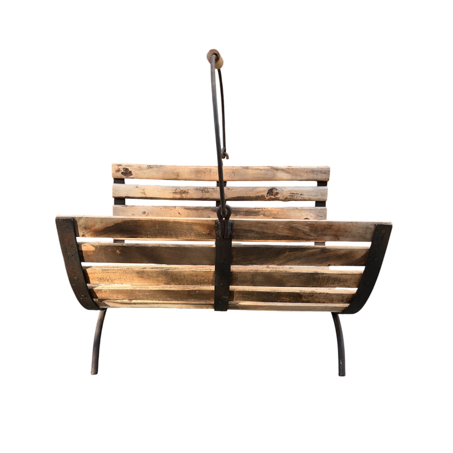 Cesta para leña de madera y hierro envejecido estilo rústico 1 Cesta para leña de madera y hierro envejecido estilo rústico para chimenea