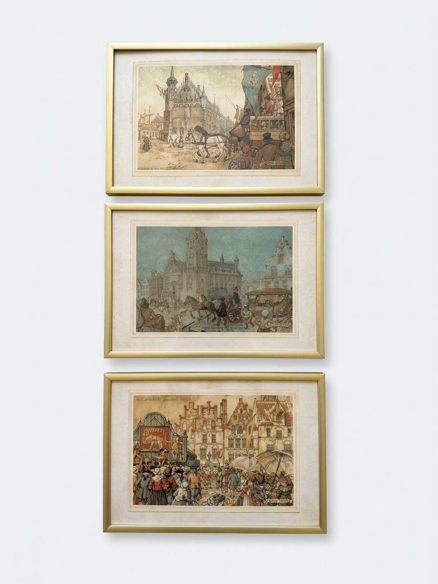 Set of 3 vintage prints Anton Pieck 1rints Conjunto 3 láminas vintage Anton Pieck marco dorado