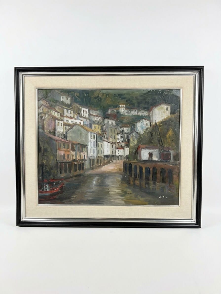Cudillero oil painting signed A. Río – Agustí Río 1o old cudillero Óleo de Cudillero firmado A. Río – Agustí Río viejo cudillero