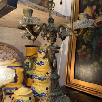 Pareja de candelabros de bronce y cristal con querubines estilo barroco2