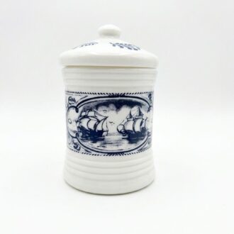 Inicio 11 Tarro de cristal opalino blanco y azul con tapa y decoración de barcos – Vintage opalina