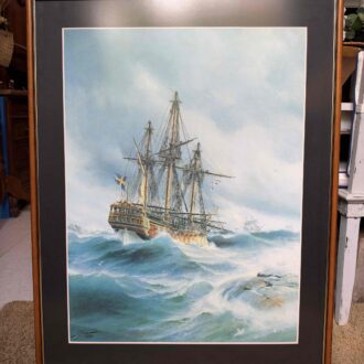 Vintage nautical painting of tall ship on the high seas with wooden frame – photo 2