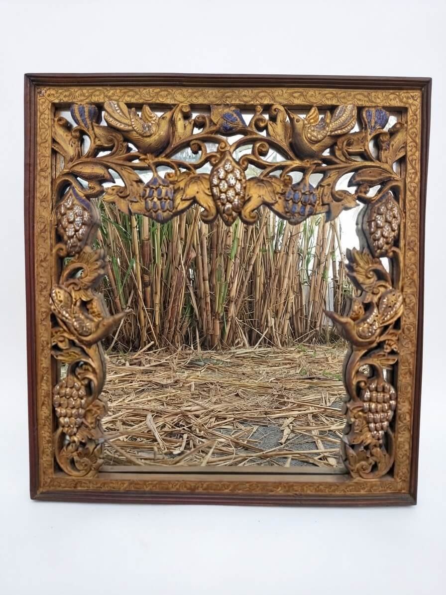 Espejo vintage tallado dorado, madera estilo oriental birmano con pájaros y uvas 1 Espejo vintage tallado dorado